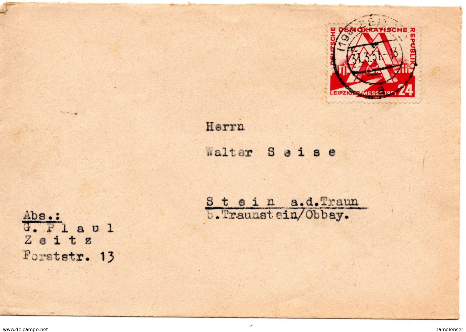 59786 - DDR - 1951 - 24Pfg Leipziger Messe '51 EF A Bf ZEITZ -> Westdeutschland - Lettres & Documents