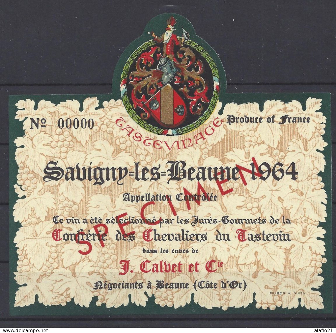 ETIQUETTE - SAVIGNY Les BEAUNE 1964 Tasteviné - Sélection CONFRERIE Des CHEVALIERS Du TASTEVIN - SPECIMEN - Bourgogne