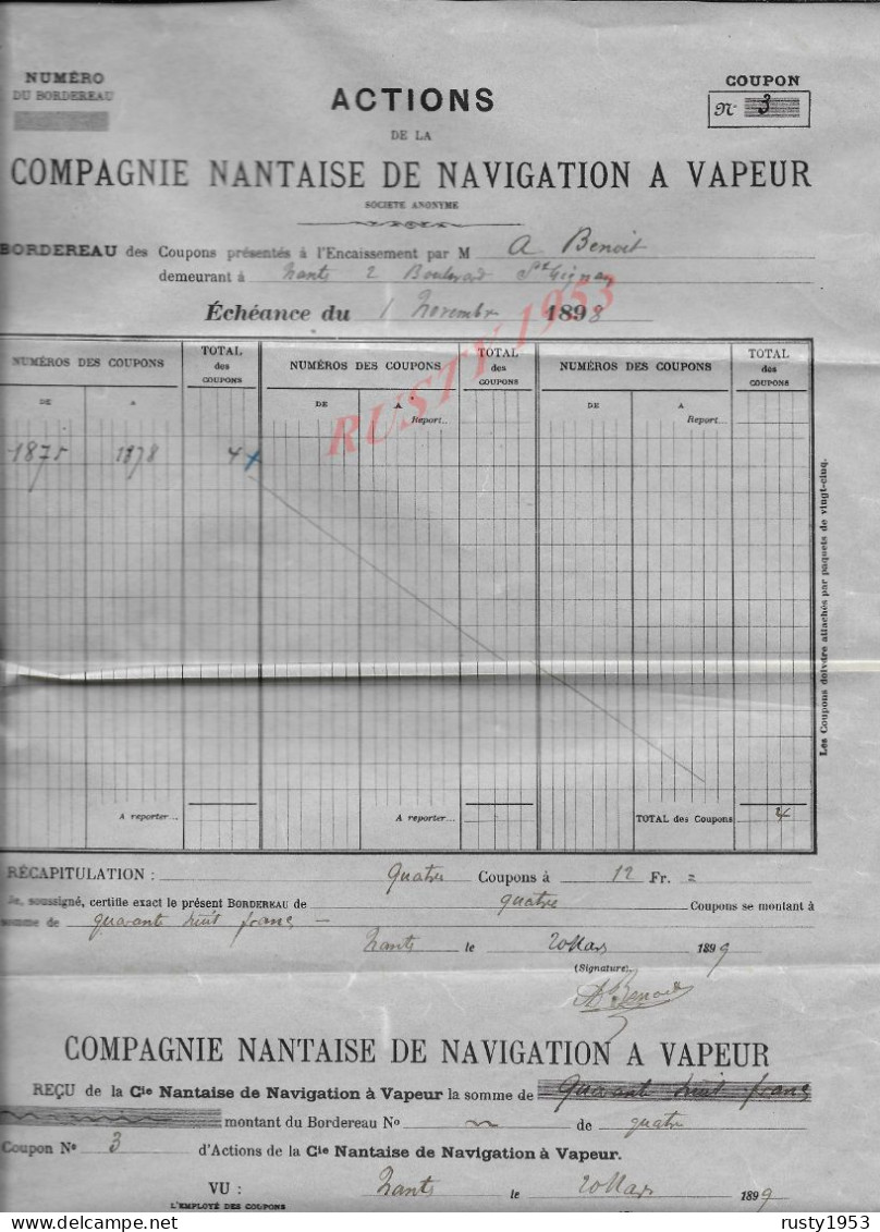 MARINE ACTION SUR TIMBRE FISCAUX À BENOIT À NANTES DE LA COMPAGNIE NANTAISE DE NAVIGATION À VAPEUR 1899 : - Navigation