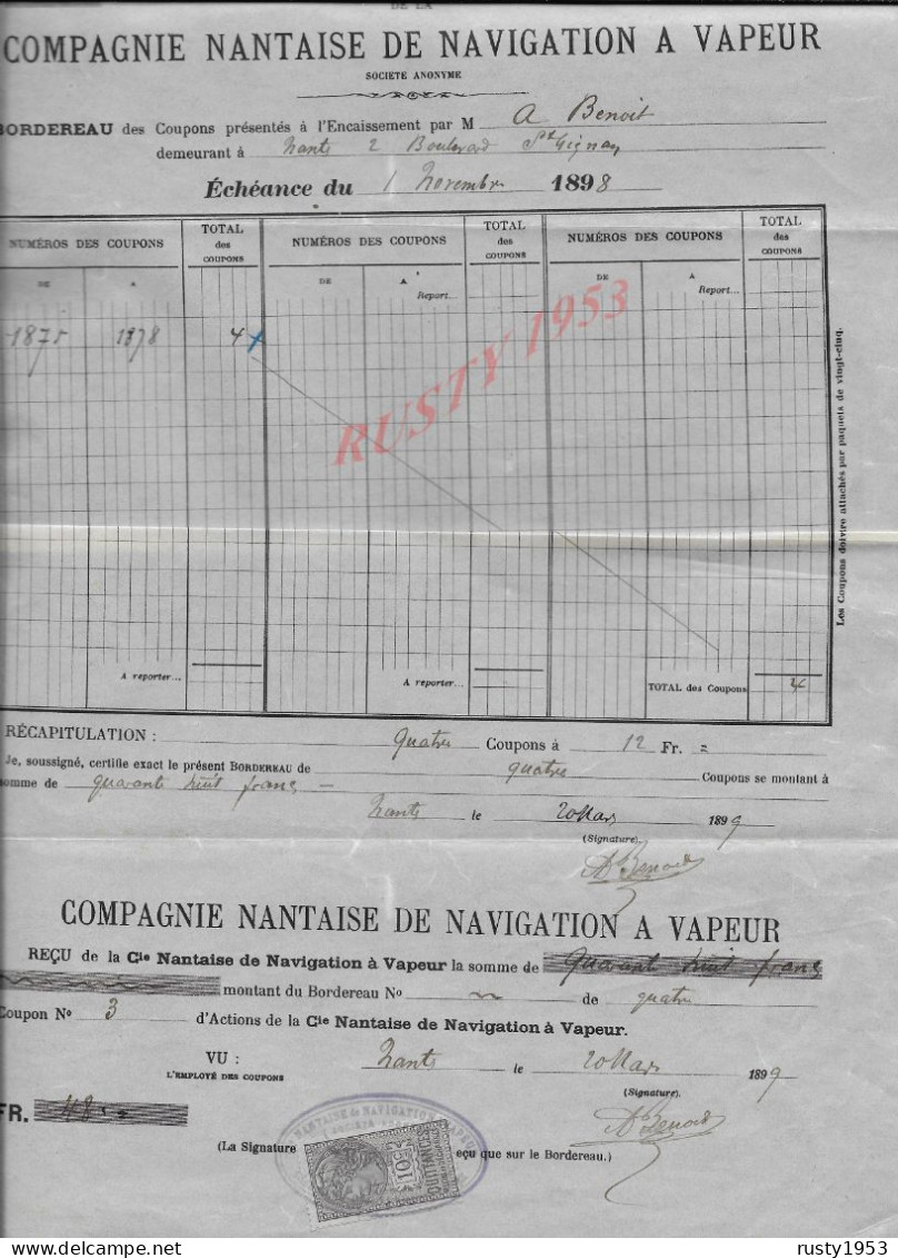 MARINE ACTION SUR TIMBRE FISCAUX À BENOIT À NANTES DE LA COMPAGNIE NANTAISE DE NAVIGATION À VAPEUR 1899 : - Navy