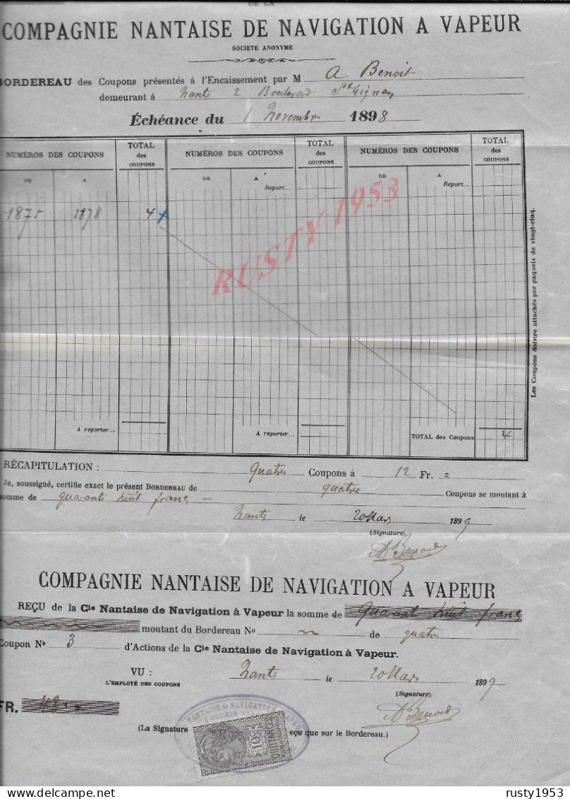 MARINE ACTION SUR TIMBRE FISCAUX À BENOIT À NANTES DE LA COMPAGNIE NANTAISE DE NAVIGATION À VAPEUR 1899 : - Navigation