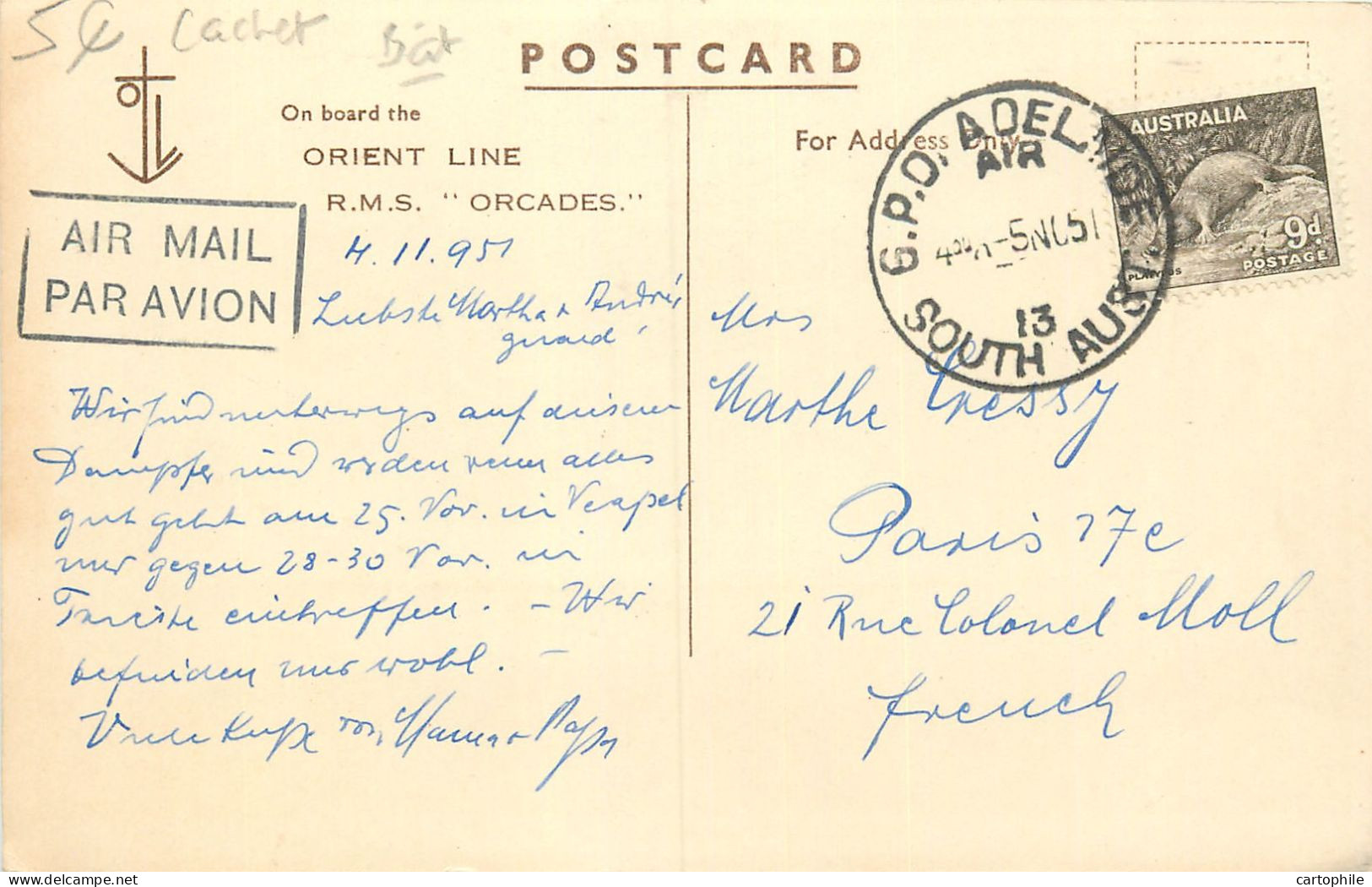 Australia - Orient Line RMS Orcades 1951 From Adelaide - Adelaide