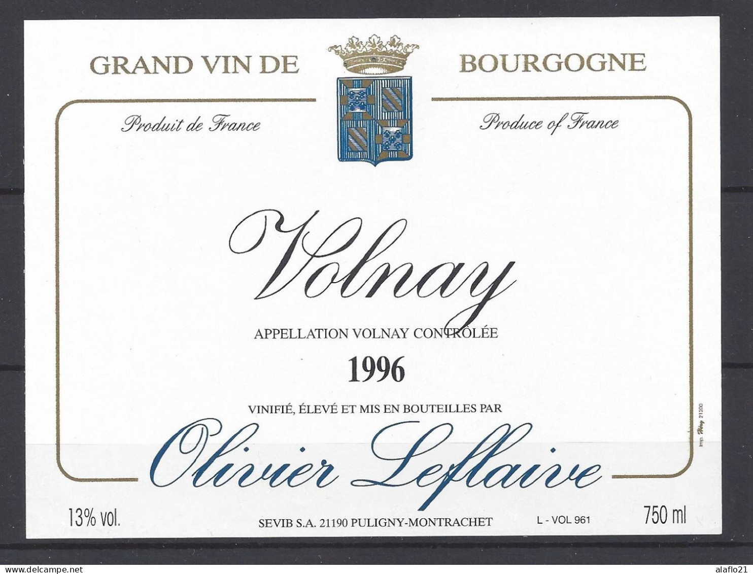 ETIQUETTE - VOLNAY 1996 - Olivier Leflaive - Bourgogne