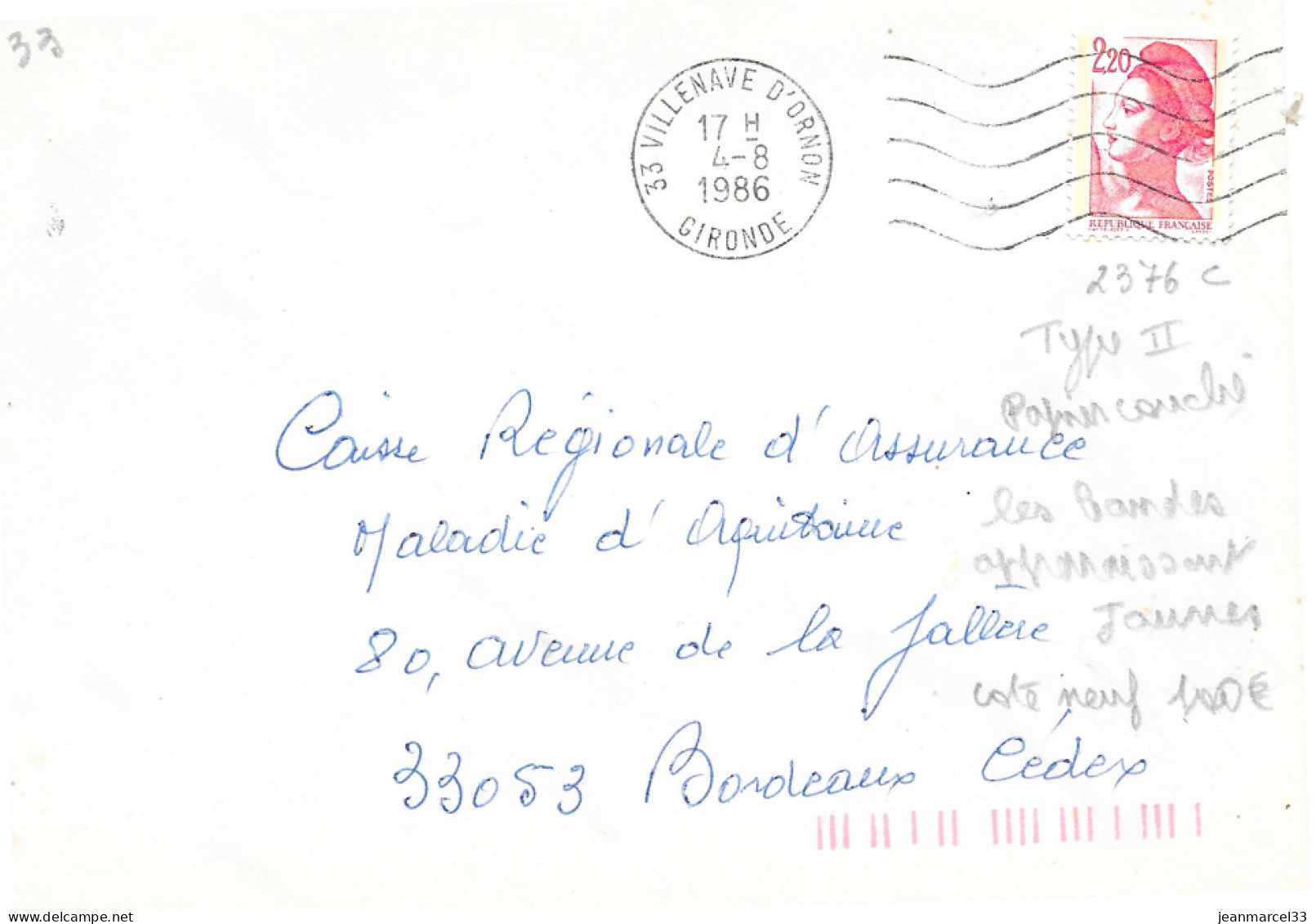 Variété Sur Lettre N° Yvert 2376c Type II Papier Couché Oblitération 33 Villenave D'ornon 4-8-86 - Storia Postale