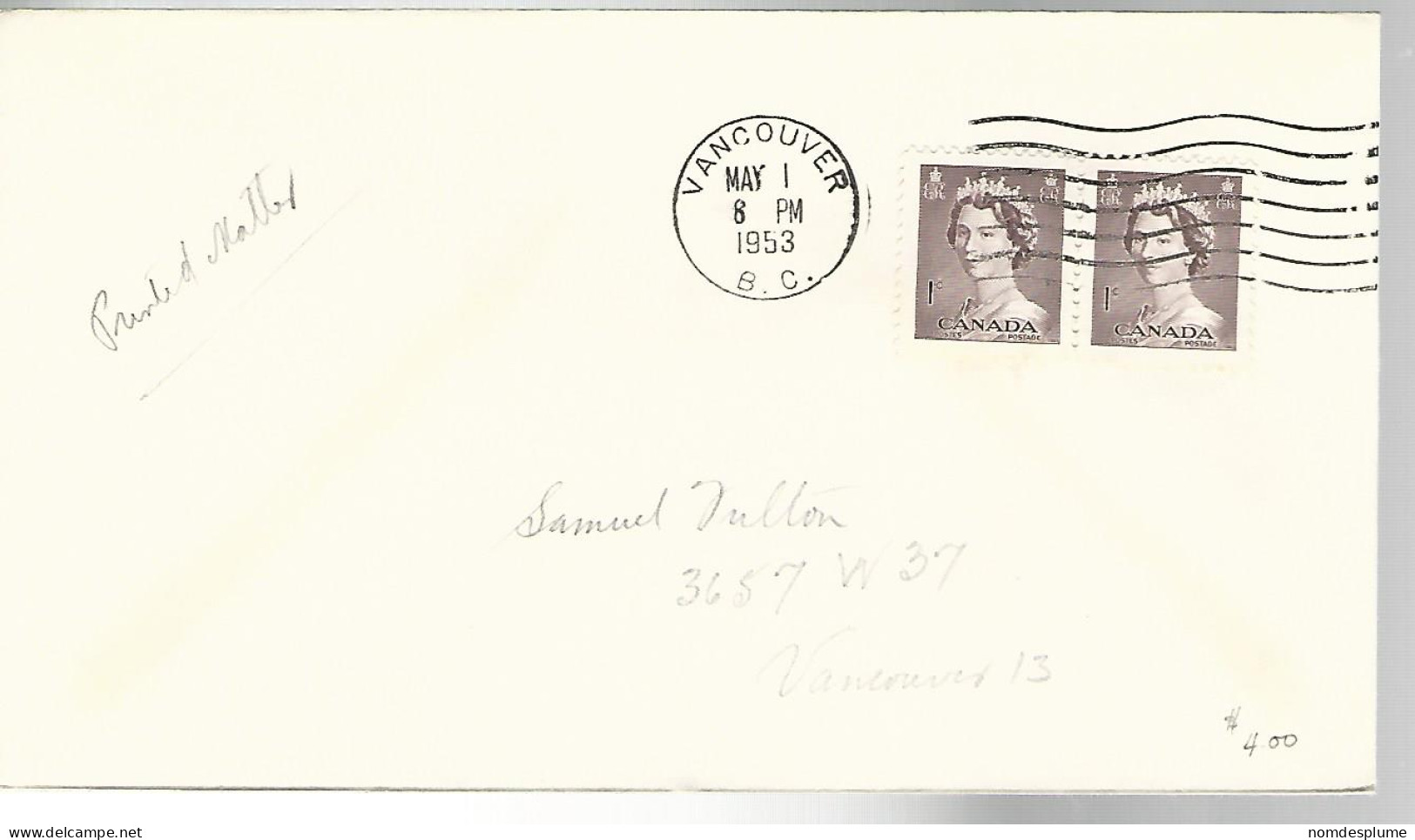 52216 ) Canada First Day Cover Vancouver Postmark 1953 - 1952-1960