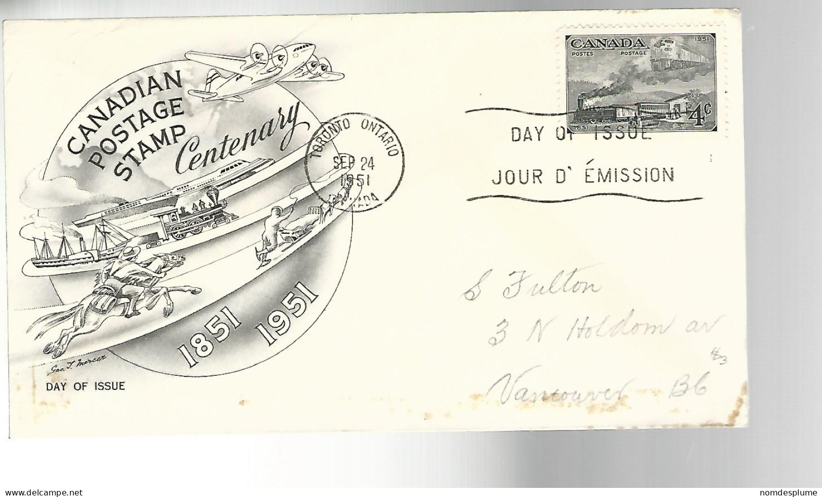 52225 ) Canada First Day Cover Canadian Postage Stamp Centenary Toronto Postmark 1951 - ....-1951