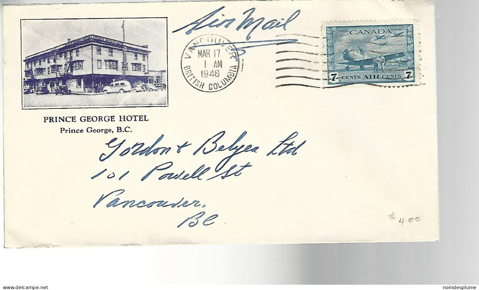 52227 ) Canada  Vancouver Postmark 1946 Prince George Hotel - Airmail