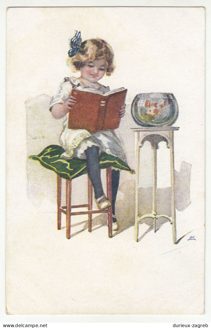 W.H,. Braun: A Little Girl Is Reading A Book In Front Of A Glass Ball With A Fish Old Postcard Not Posted B230820 - Braun, W.
