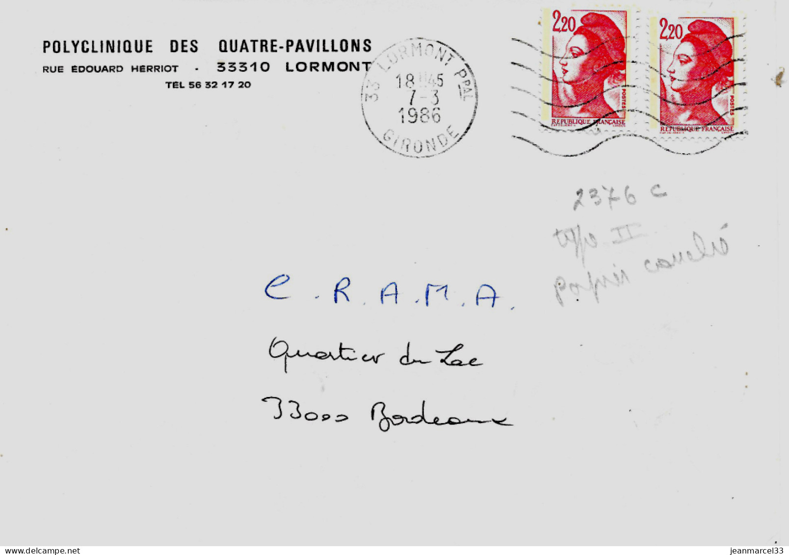 Variété Sur Lettre N° Yvert 2376 C Type II Papier Couché Tarif Double Oblitération 33 Lormont Ppal 7-3 1986 - Storia Postale