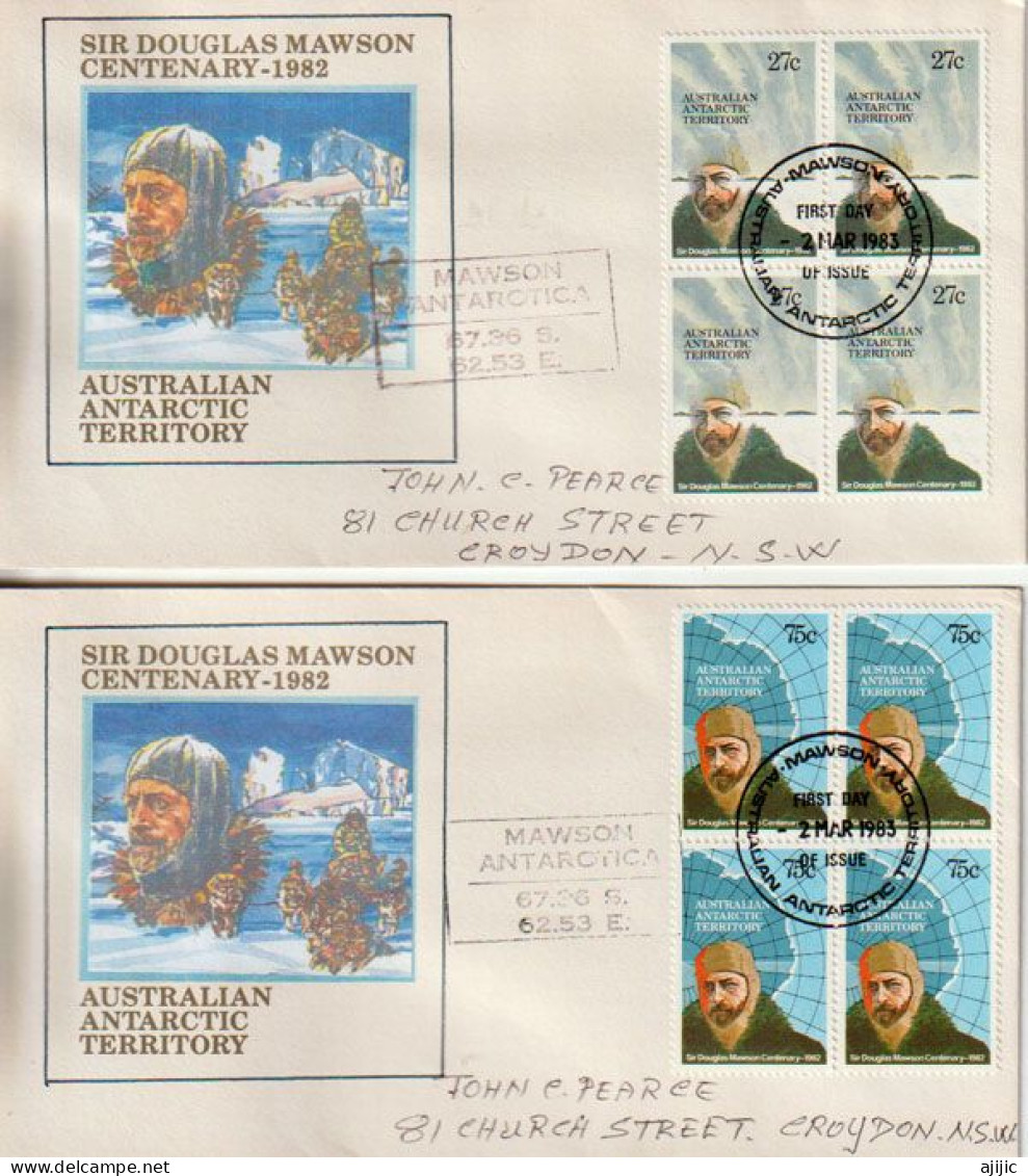 Explorateur Sir Douglas Mawson,explorateur Australien De L'Antarctique,2 Lettres T-p Blocs De 4, Postées Base MAWSON - Briefe U. Dokumente