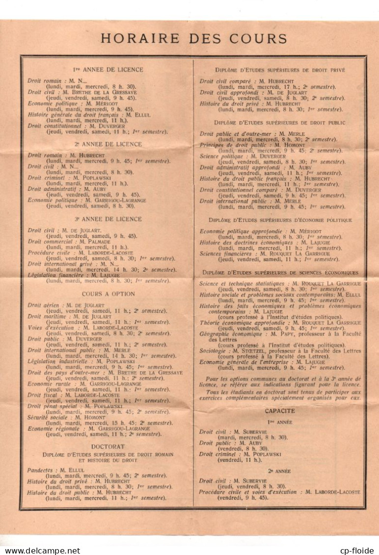 UNIVERSITÉ DE BORDEAUX . FACULTÉ DE DROIT . CERTIFICAT D'INSCRIPTION . ANNÉE SCOLAIRE 1951/1952 - Réf. N°37716 - - Diplômes & Bulletins Scolaires