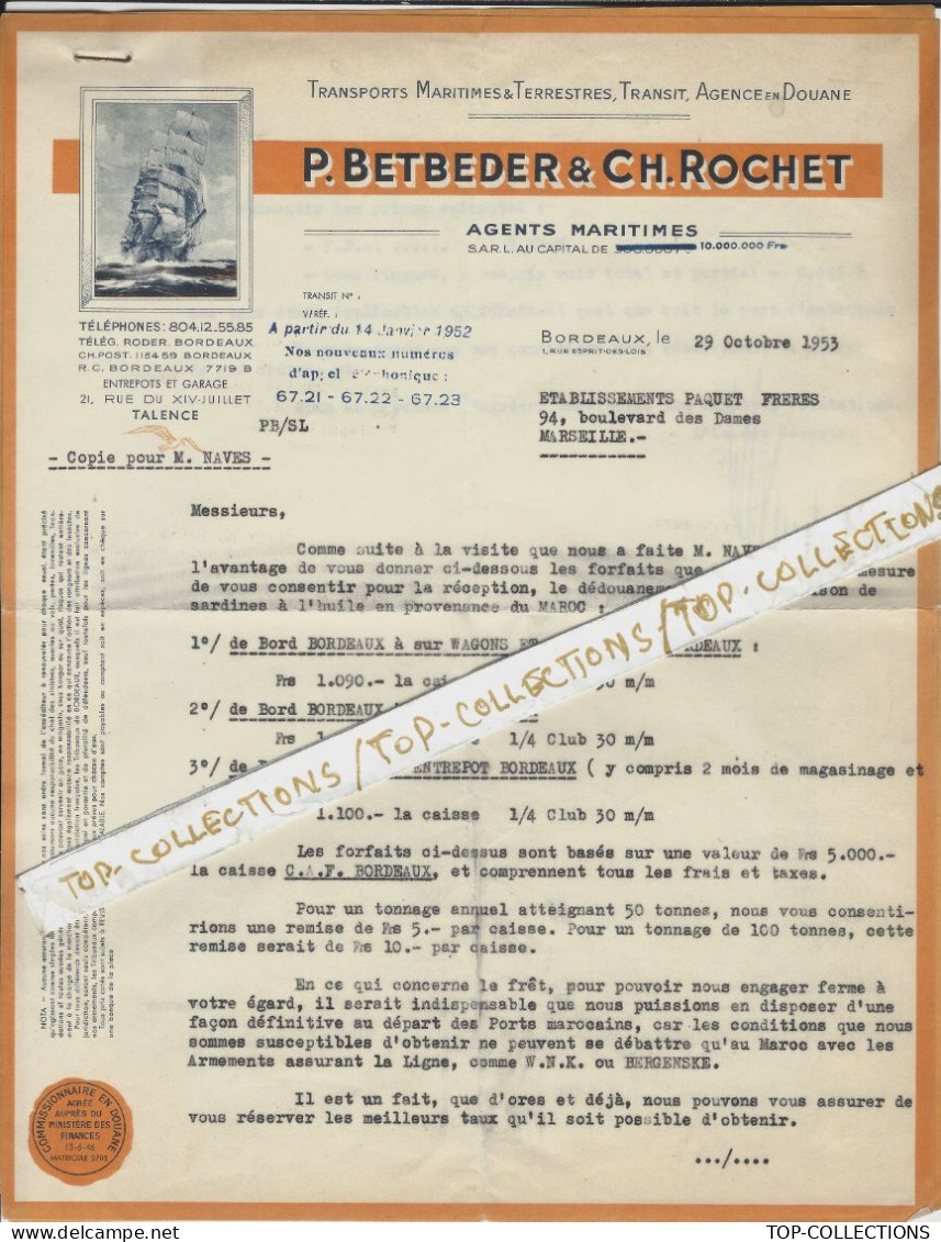 1953 NAVIGATION  TRANSPORTS MARITIMES AGENCE EN DOUANE Bordeaux Entete P.BETBEGER & CH. ROCHET Pour Paquet Fr. Marseille - 1950 - ...