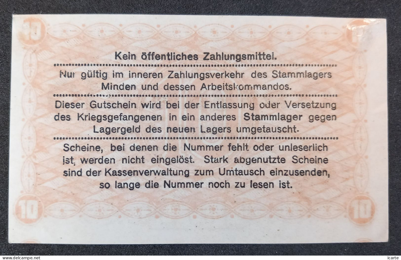 Billet 10 PFENNIG MINDEN MONNAIE DE CAMP PRISONNIER DE GUERRE Kriegsgefangenenlager 1917 - Autres & Non Classés