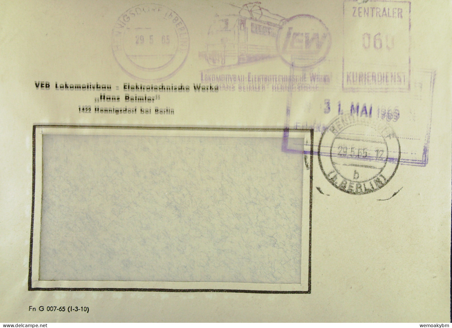 DDR: ZKD-Brief Mit AFS =060= HENNINGSDORF (b BERLIN) V. 29.5.65 "LEW Lokomotivbau-Elektrotechnische Werke-Hans Beimler" - Centrale Postdienst