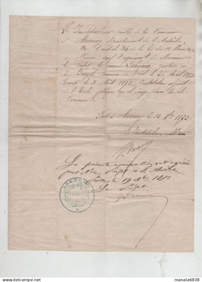 Nomination Instituteur Public Annonay Sieur Debeaux Frayol 1872 - Non Classés