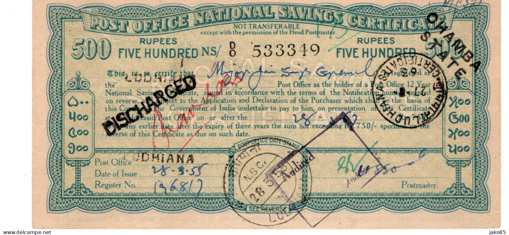 - INDE - Etat Princier - CHAMBA - 1955 - Post Office National  Certificat D'épargne- 500 Rupees - Chamba