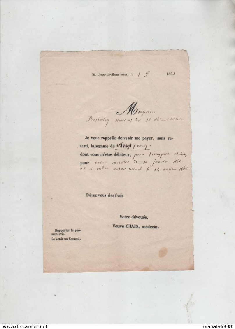Saint Jean De Maurienne 1861 Rostain Rostaing Saint Etienne De Cuines Veuve Chaix Médecin - Non Classés