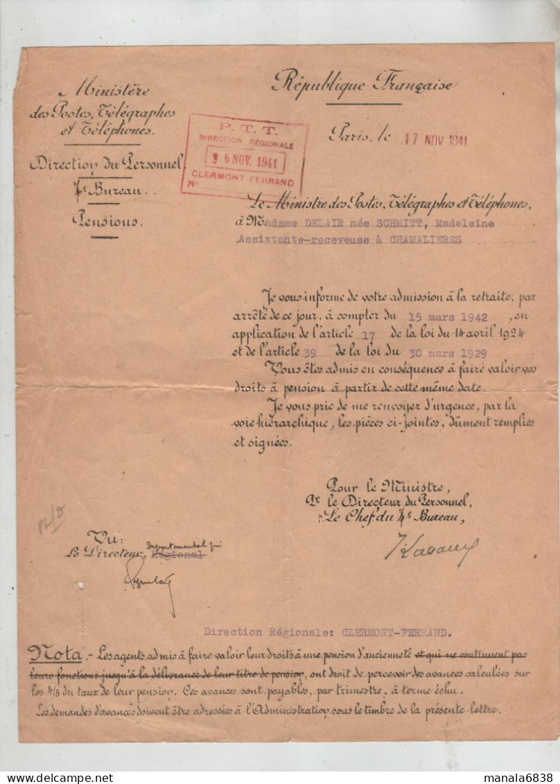 PTT  1941 Delair Receveuse Chamalières Retraite - Non Classés