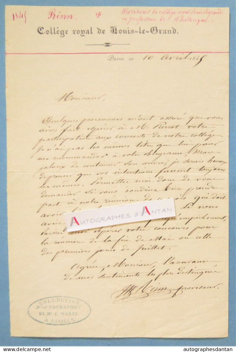 ● L.A.S 1845 Jacques RINN Né à Auxerre (Yonne) Collège Royal Louis Le Grand Lettre Autographe Collection Nasse à Lisieux - Personnages Historiques