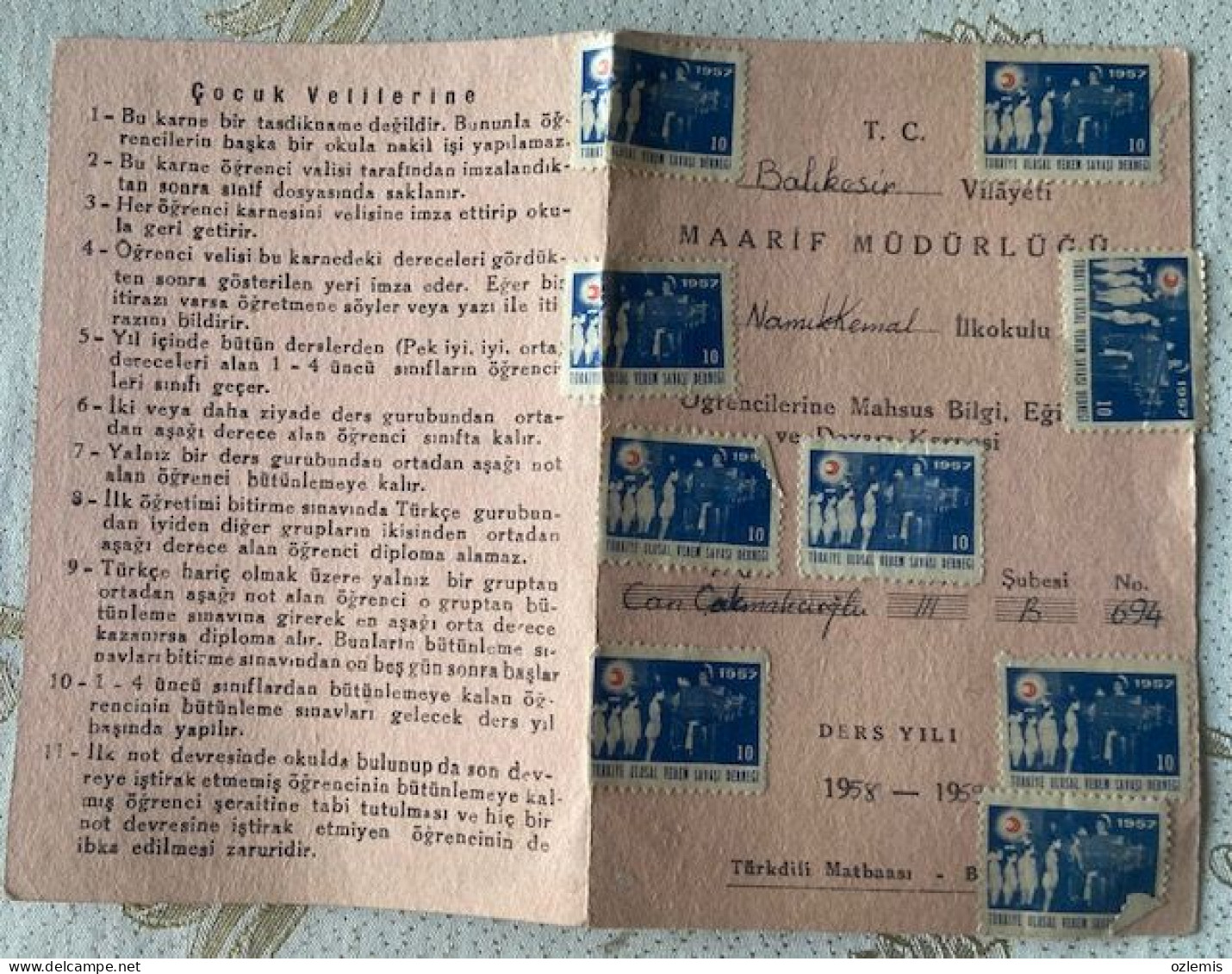 TB WAR ASSOCIATION ,STAMPS,TURKEY, BALIKESIR,  SCHOOL REPORT - Diplômes & Bulletins Scolaires