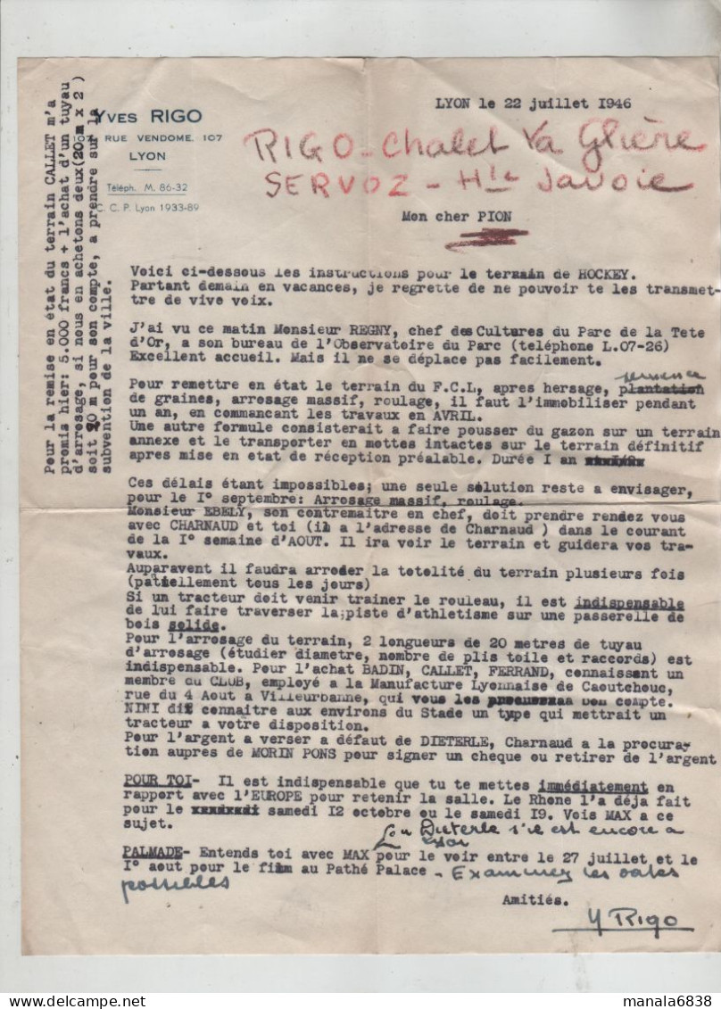 Rigo Chalet La Glière Servoz Lyon 1946 Instructions Terrain Hockey Parc Tête D'Or Régny Ebely Charnaud ... - Non Classificati