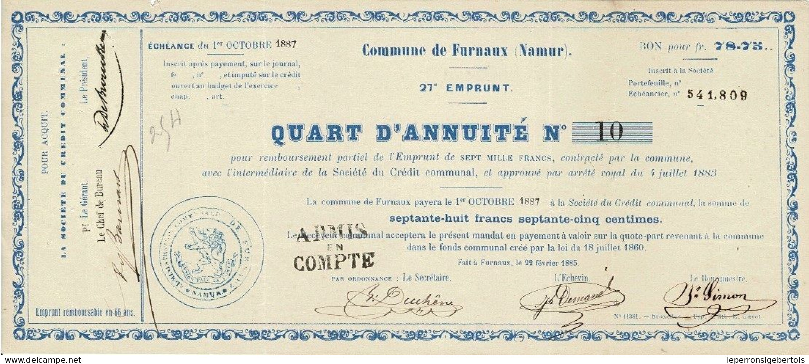 Titre De 1885 - Royaume De Belgique - Commune De Furnaux (Namur) - 27ème Emprunt  - Quittance De 1/4 D'annuité N°10 - G - I