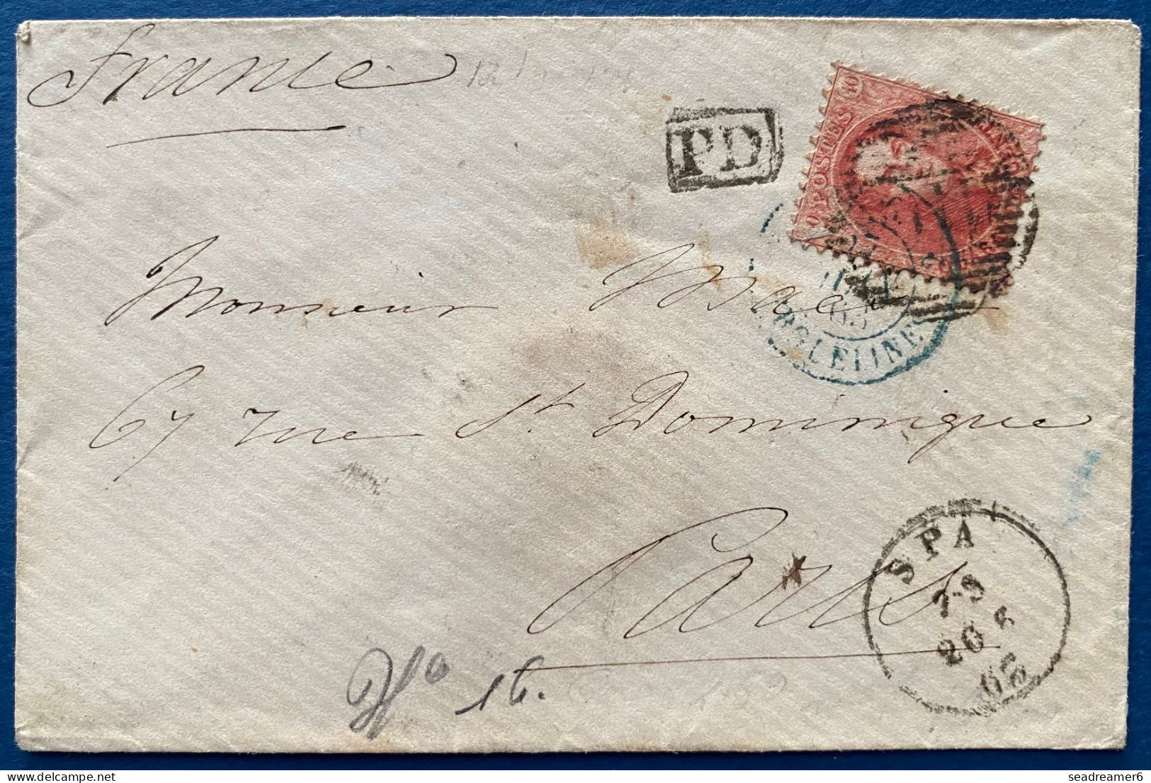 Lettre Medaillon N°16 40c Rouge Oblitéré GC 110 + Dateur SPA + Entrée Bleue Verte " BELG / 2 ERQUELINES 2 " Pour PARIS - 1849-1865 Medaillons (Varia)