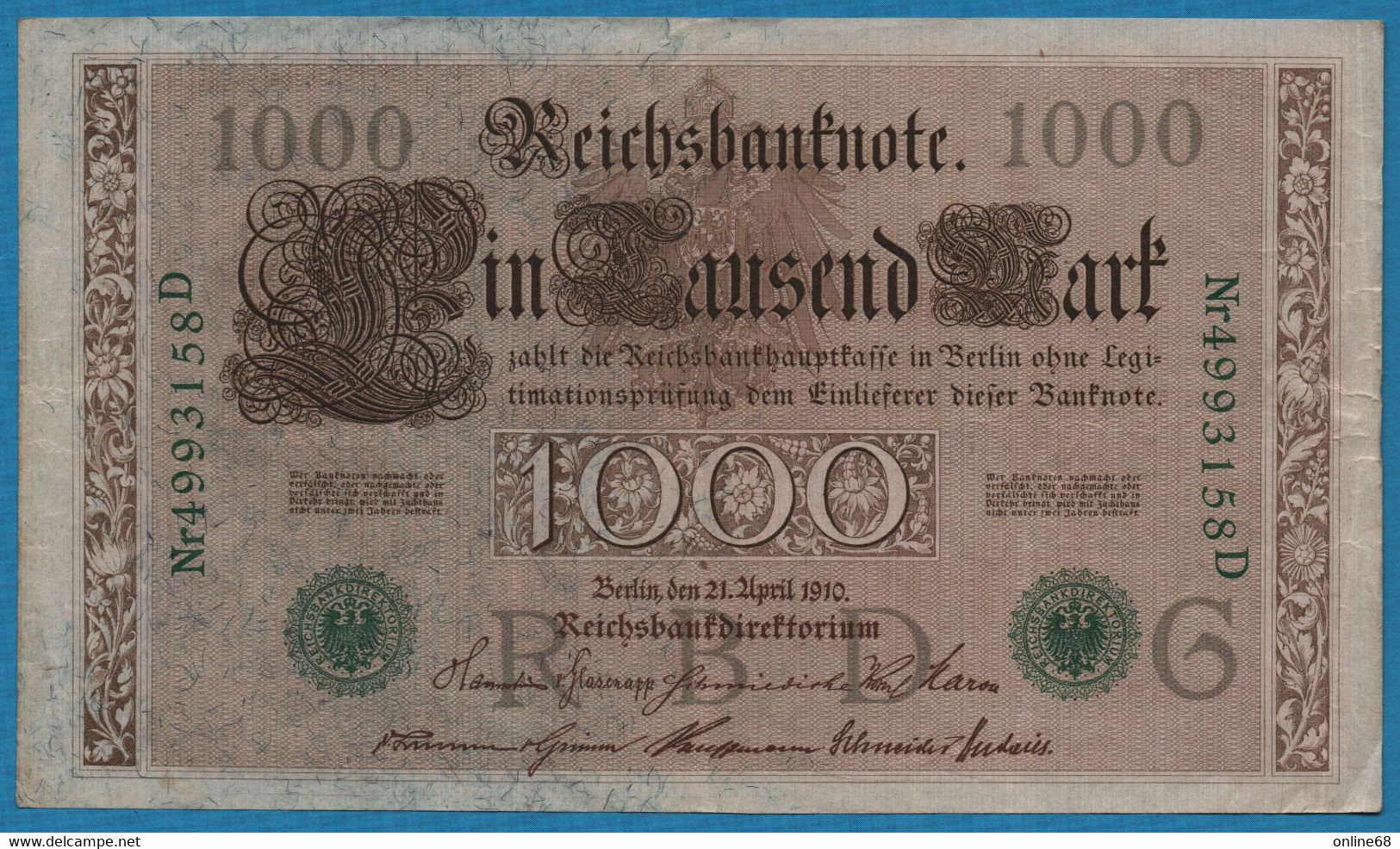 DEUTSCHES REICH 1000 MARK 21.04.1910 # 4993158D LETTER G P# 45b - 1.000 Mark