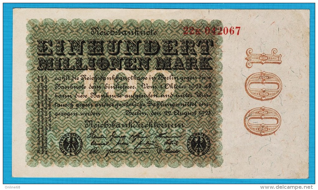 DEUTSCHES REICH 100 MILLIONEN MARK 22.08.1923   # 22k.042067  P# 107a - 100 Mio. Mark