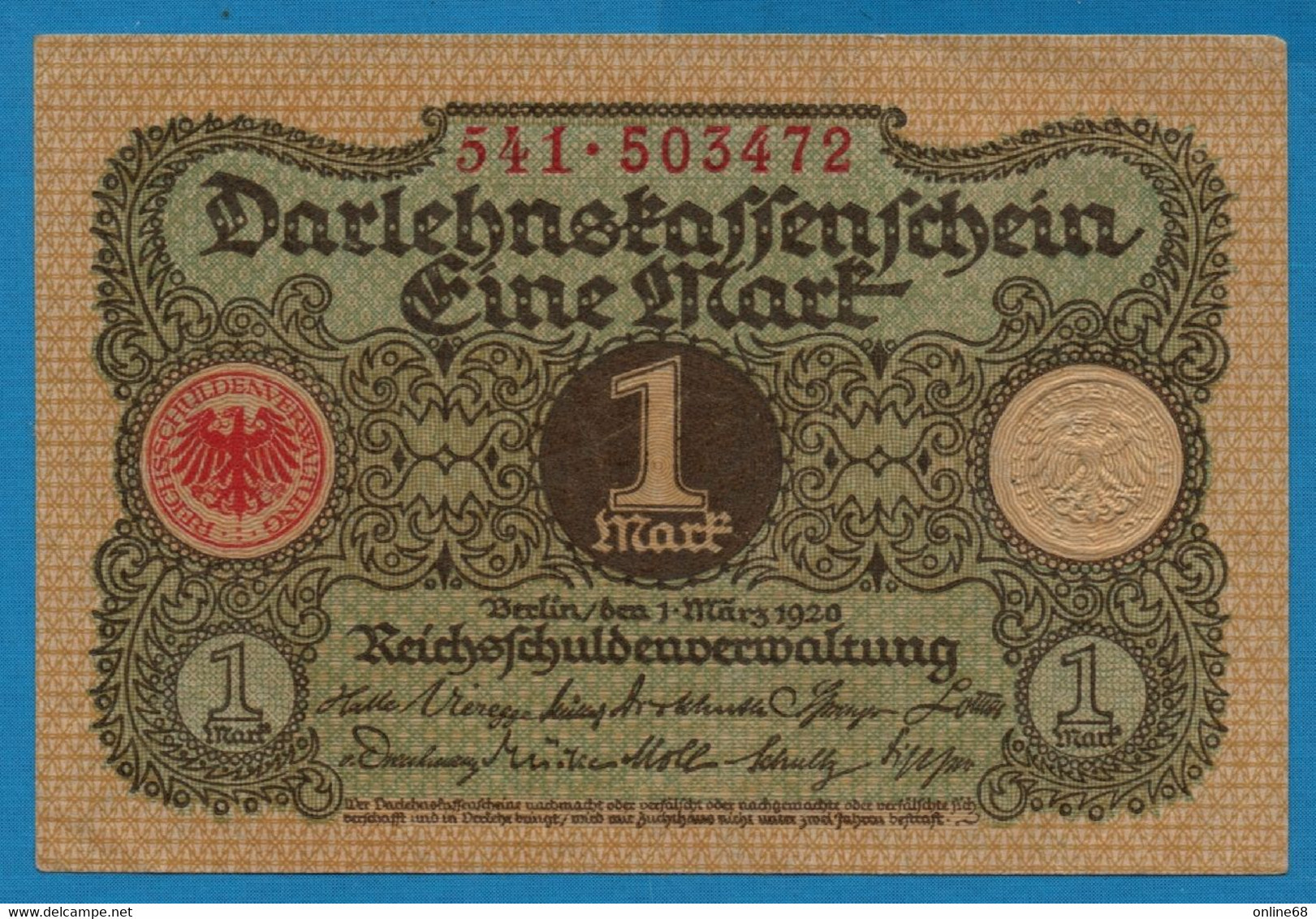 DEUTSCHES REICH 1 MARK 01.03.1920  # 541.503472 P# 58  DARLEHENSKASSENSCHEIN - Imperial Debt Administration