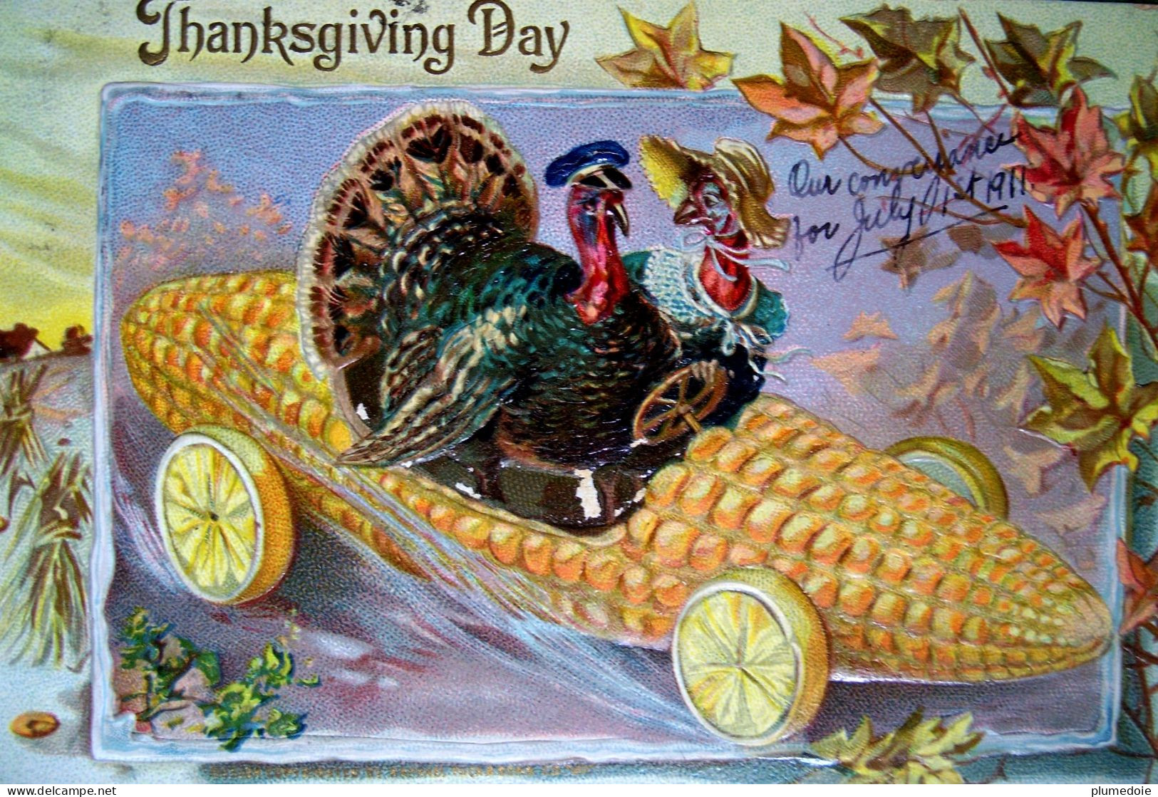 Cpa Gaufrée TUCK DINDON DINDE En VOITURE EPI De MAIS , 1911 , Thanksgiving Day DRESSED TURKEY DRIVING A  CAR Embossed Pc - Thanksgiving