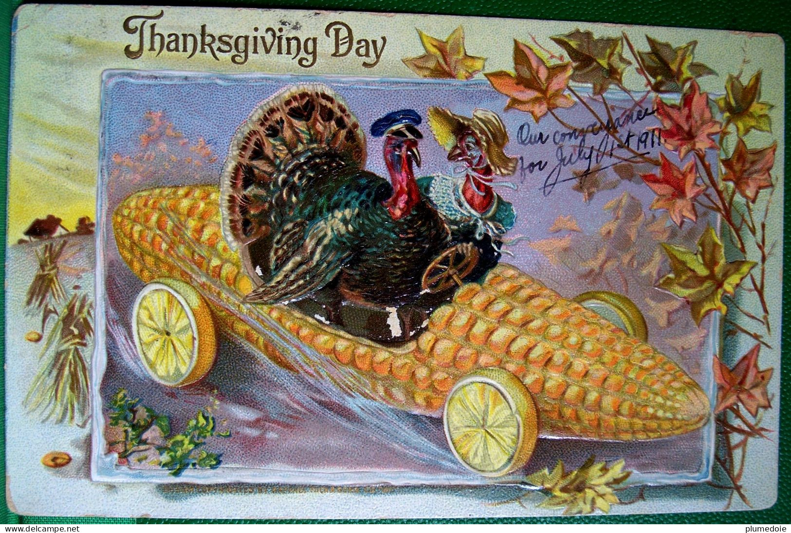 Cpa Gaufrée TUCK DINDON DINDE En VOITURE EPI De MAIS , 1911 , Thanksgiving Day DRESSED TURKEY DRIVING A  CAR Embossed Pc - Giorno Del Ringraziamento