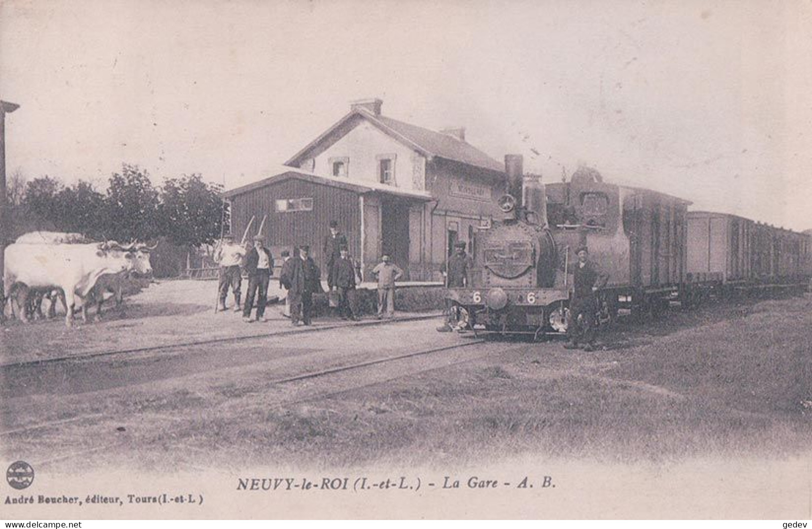 France 37, Neuvy Le Roy, Chemin De Fer, La Gare Et Train à Vapeur, Attelage De Boeufs (28.2.1927) - Neuvy-le-Roi