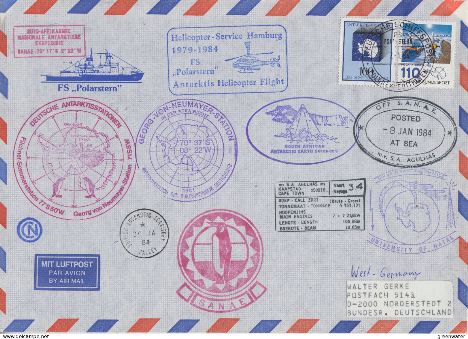 Germany FS Polarstern Large Cover  Flight DO228 Diff Ca Halley, Sanae  Ca Polarstern 07.1.1984 (ET171) - Vuelos Polares