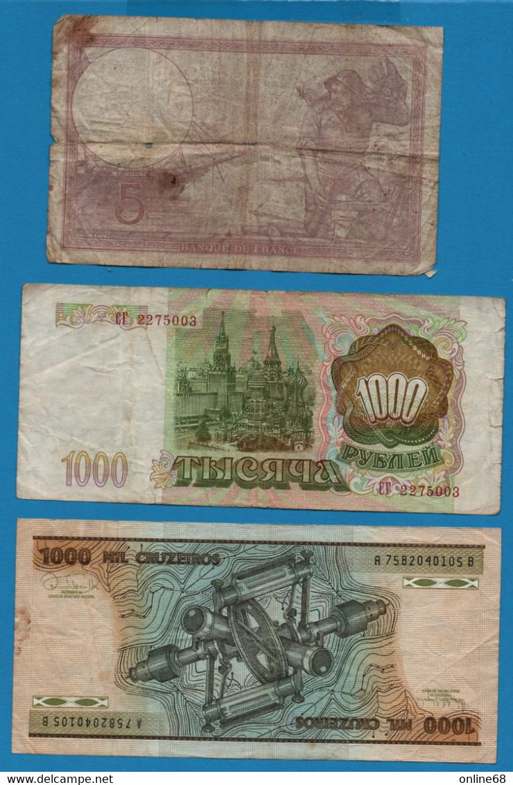 LOT BILLETS 3 BANKNOTES: RUSSIA - FRANCE - BRASIL - Kilowaar - Bankbiljetten