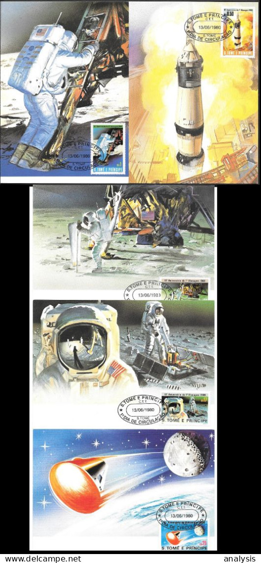 Sao Tome And Principe Space 5 Maxi Cards 1980. "Apollo 11" 1st Man On The Moon. Neil Armstrong - Africa