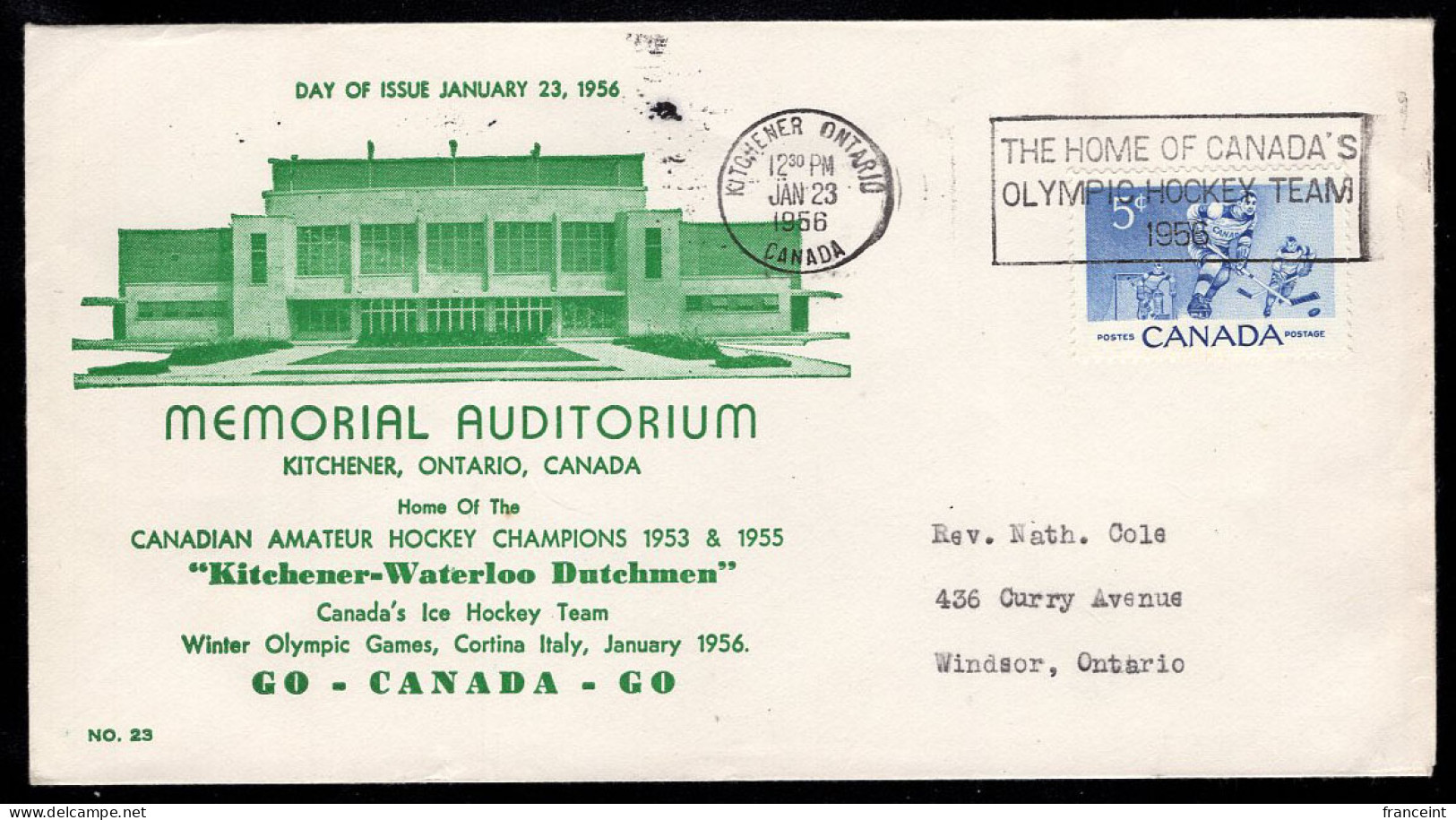 Canada (1956) First Day Envelope With Cachet Of Kitchener Memorial Auditorium And Cancel Of Olympic Hockey Team - 1952-1960