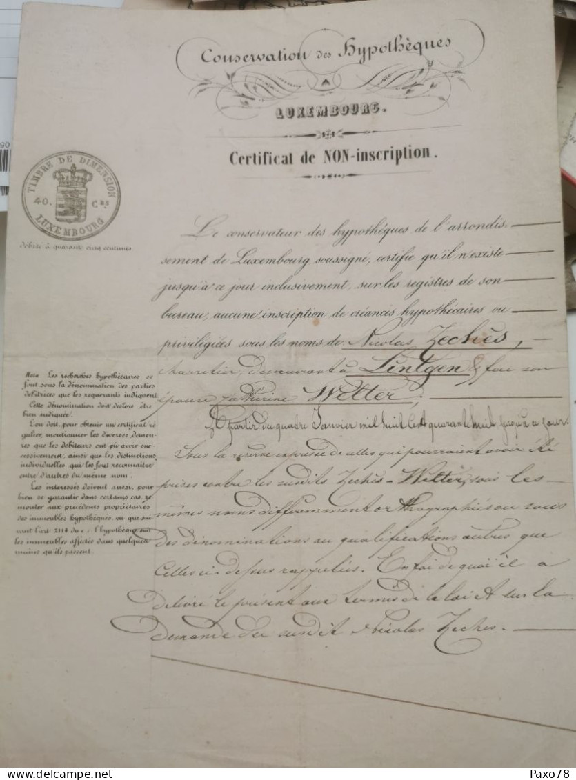 Luxembourg Certificat Non Inscription 1852 Lintgen - ...-1852 Vorphilatelie