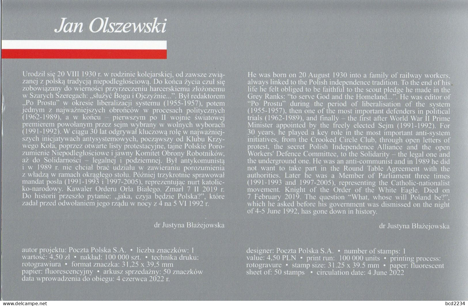 POLAND 2022 POLISH POST OFFICE LIMITED EDITION FOLDER: JAN OLSZEWSKI 1ST POLISH PRIME MINISTER POST COMMUNISM SOLIDARITY - Solidarnosc-Vignetten