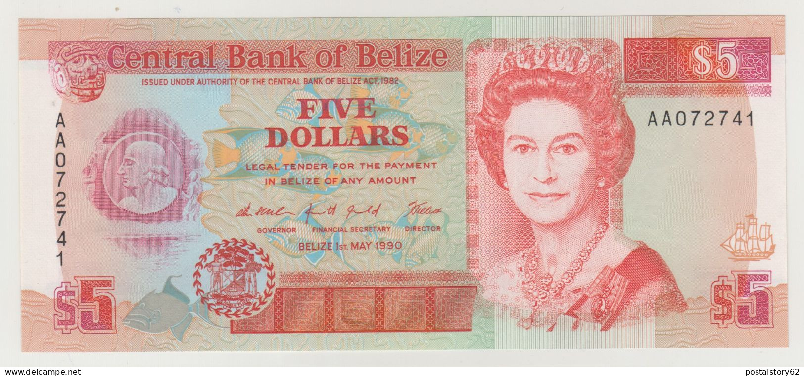 Central Bank Of Belize, Banconota Da Five Dollars  01- 05 - 1990 Pick 53a Unc./ Fds - Belize