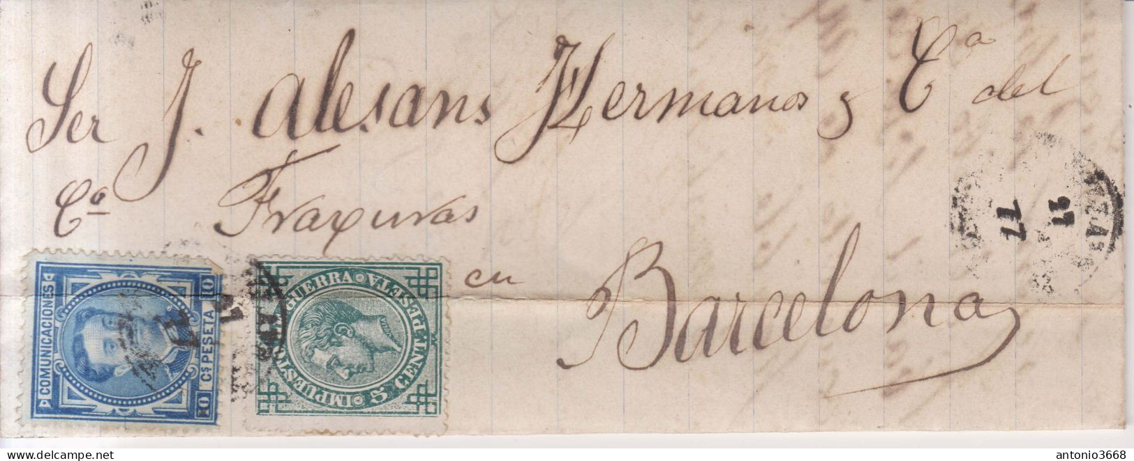 Año 1876 Edifil 175-183 Carta   Matasellos Rombo Villafranca Barcelona Vilaseca Y Cia - Cartas & Documentos