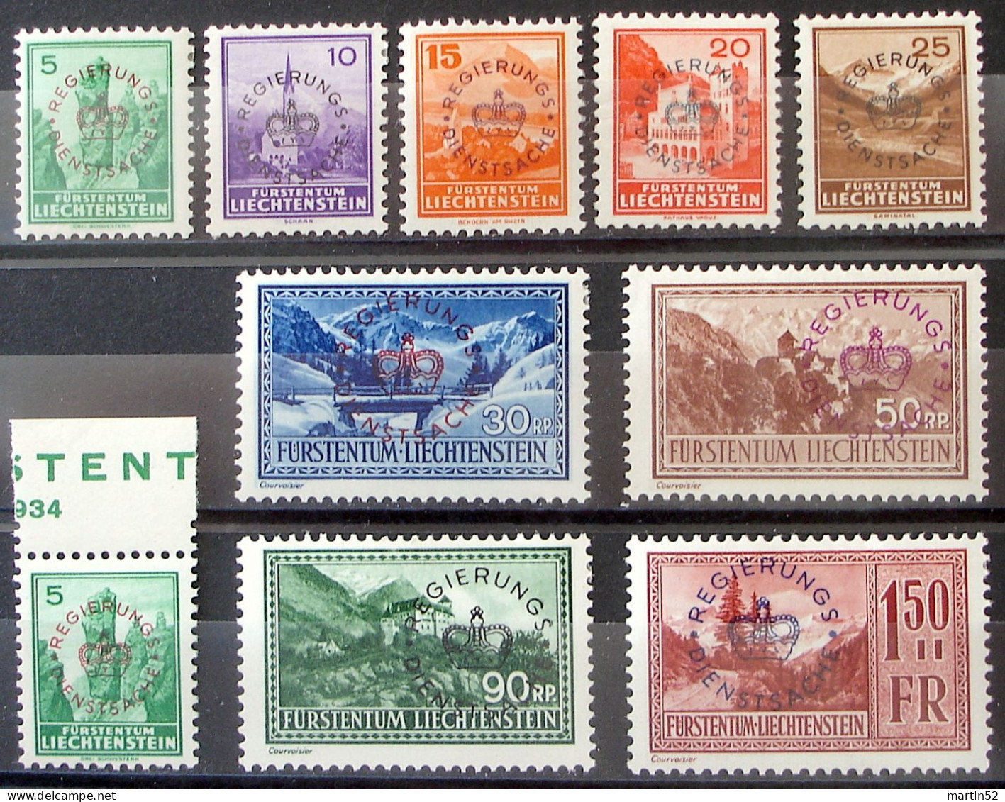 Liechtenstein 1935/36: REGIERUNGS-DIENSTSACHE Zu D 11-20 (ohne 15) Mi 11-19 Yv TS 11-19 * Falz MLH (Zu CHF 250.00 -50%) - Dienstmarken