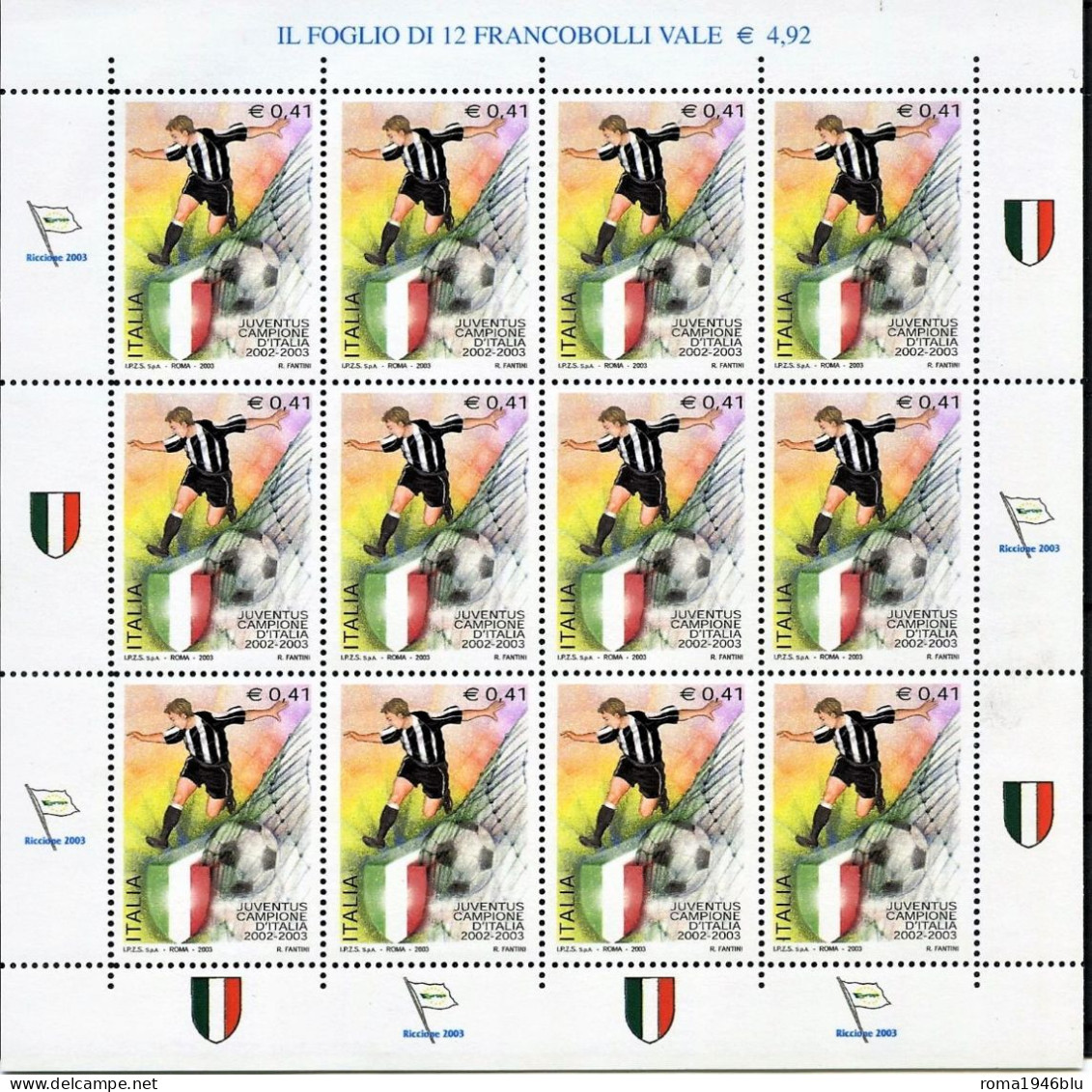 ITALIA  REPUBBLICA 2002-2003 JUVENTUS VINCITORE COPPA ITALIA  MINIFOGLIO ** MNH - Hojas Bloque