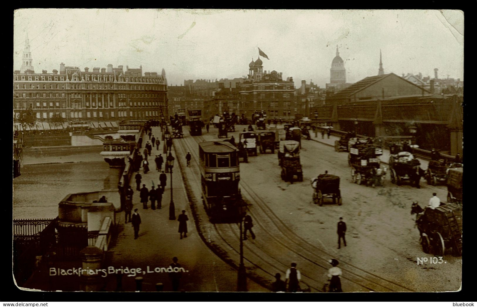 Ref 1629 - 1923 Real Photo Postcard - Trams & Buses ++ On Blackfriars Bridge London - River Thames