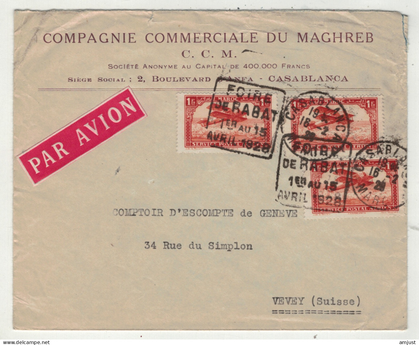 France // Ex-colonies & Protectorat // Maroc // Poste Aérienne // Lettre Par Avion Pour La Suisse (Vevey) - Airmail