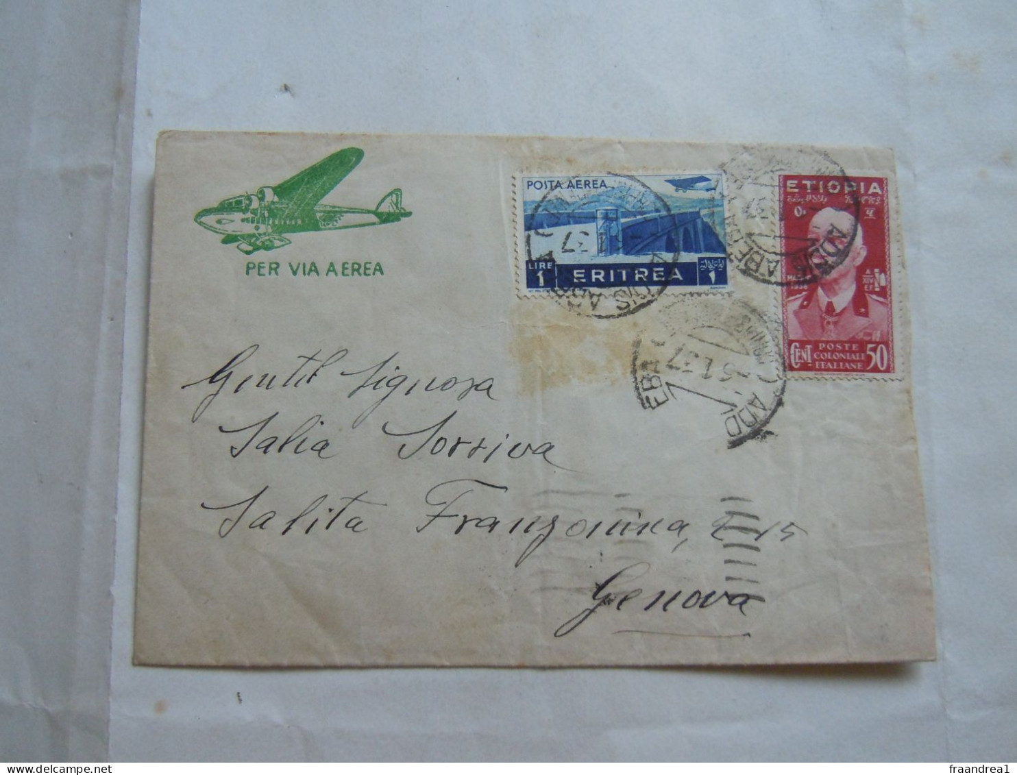 ETIOPIA  AIR MAIL   ADDIS ABEBA    -#- 1937 ERITREA  1 LIRA + 50 CENT RARA - Ethiopië