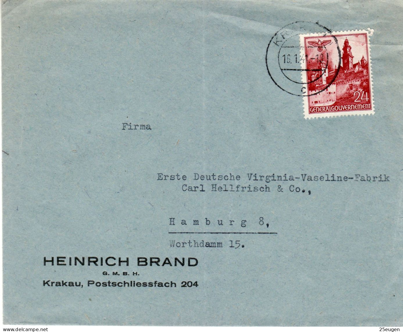 POLAND GENERAL GOVERNMENT 1941 LETTER SENT FROM KRAKÓW TO HAMBURG - Gouvernement Général