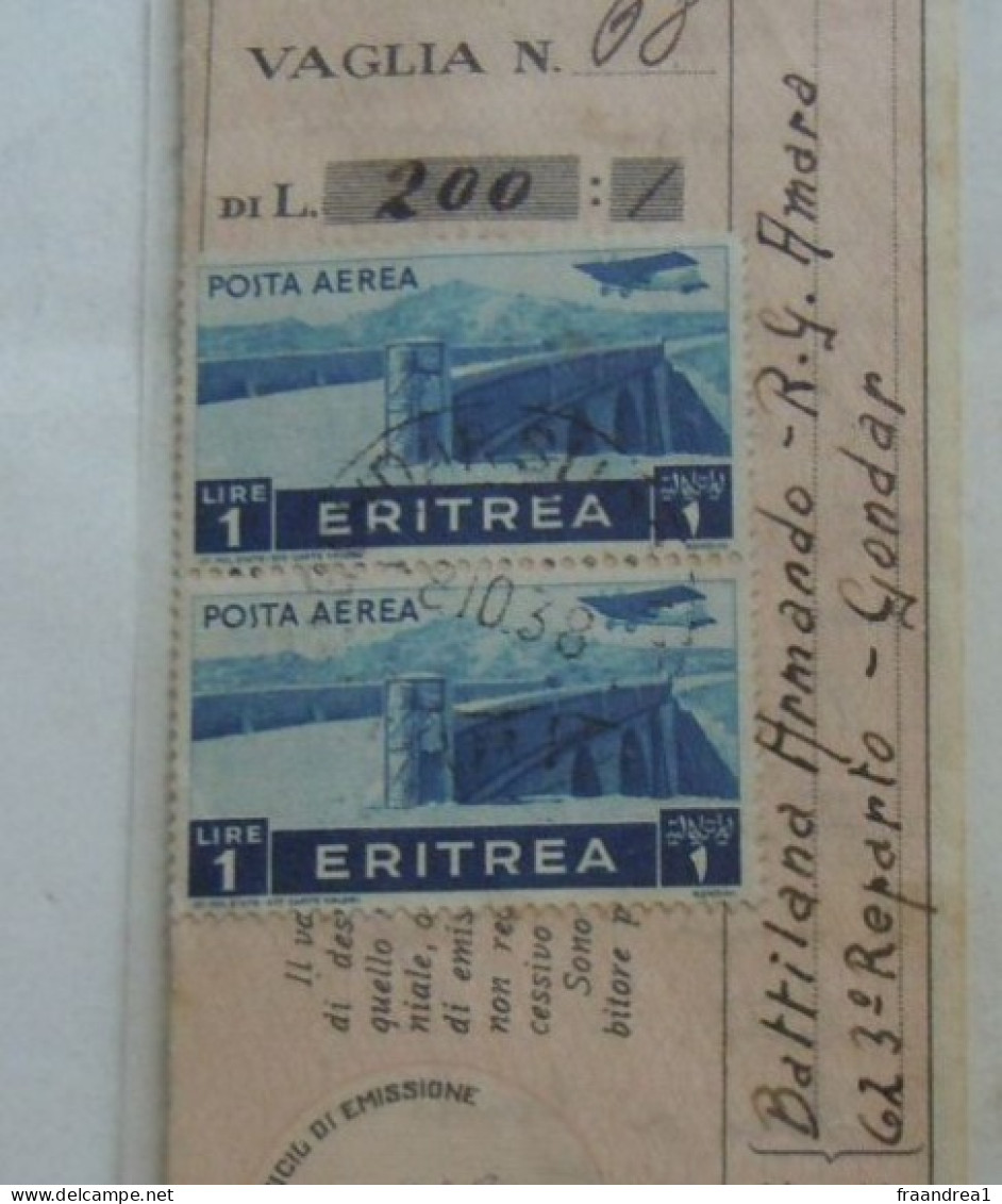 ETIOPIA  RIC VAGLIA GONDAR    -#- 1938  1 LIRA X 2 LIRE 200 - Aethiopien