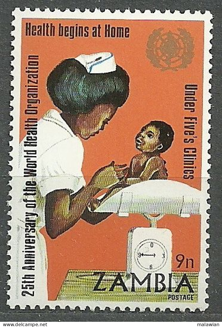 Zambia, 1973 (#112c), 25th Anniversary WHO Mother Child Nursing Nutrition Fruits Immonization Food Baby Medicine - OMS