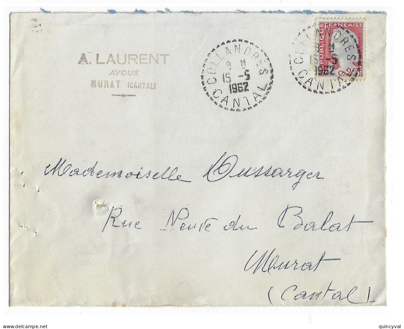 COLLANDRES Cantal Lettre 25c Decaris Yv 1263 Exp Laurent Avoué Ob FB 04 15 5 1962 - Handstempel